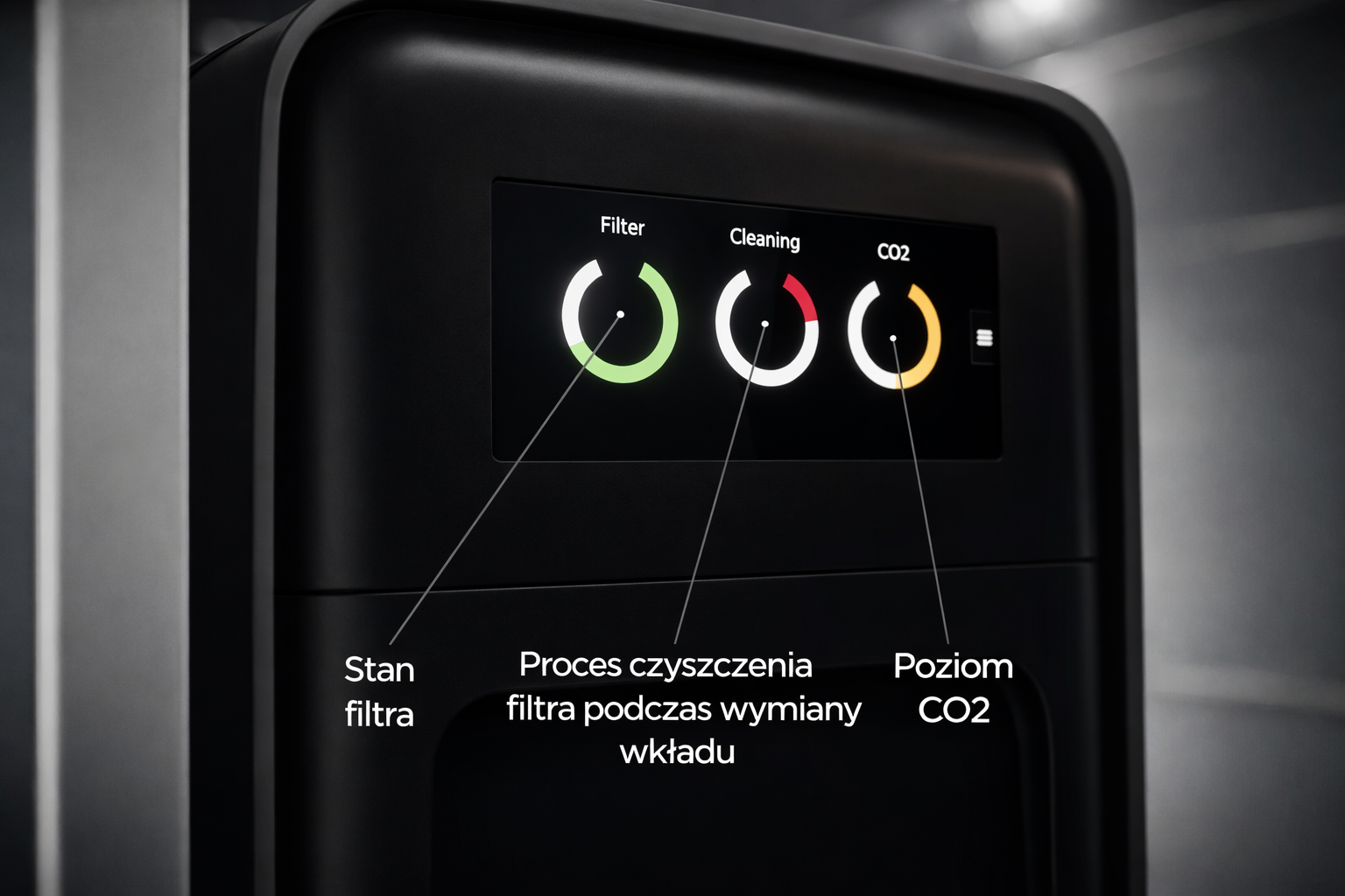 Panel na jednostce głównej dyspensera EcoWater Optimo - stan filtra, czyszczenie filtra, ilość co2